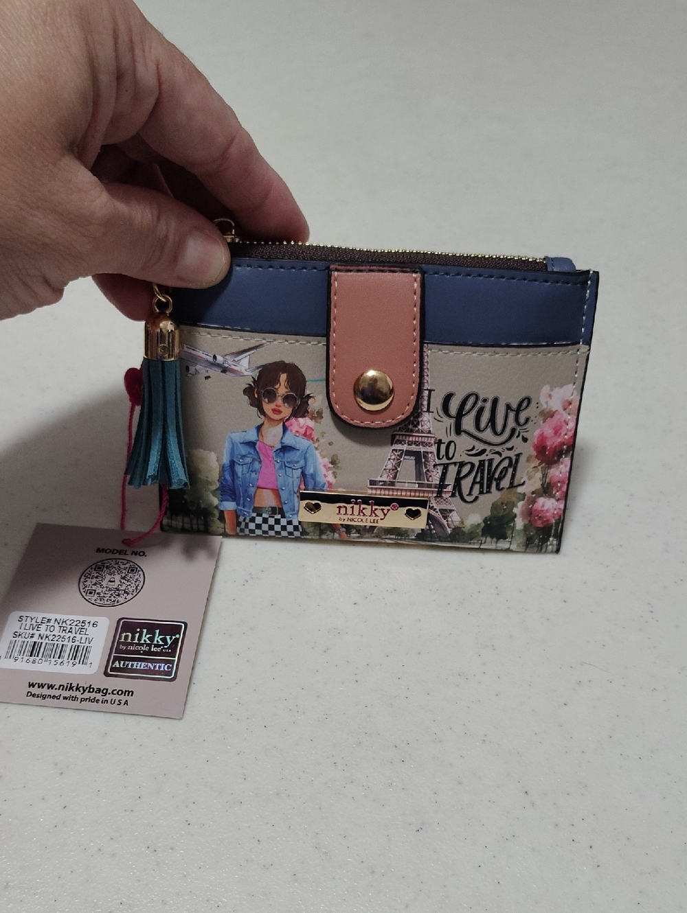 Authentic Nikky By Nicole Lee 'I Live to Travel' Blue & Pink Card Wallet